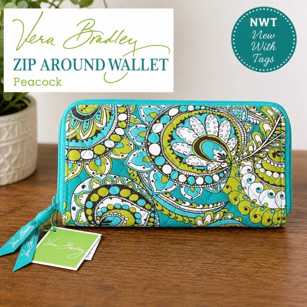 Vera Bradley Peacock Zip Around Wallet NWT Quilted Cotton Travel Organizer